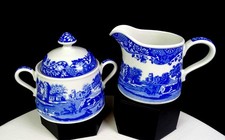 Spode Porcelain England Italian Blue Ascot 3 1/4" Creamer & Sugar Bowl 1995-2005