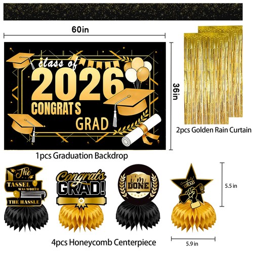 Graduation Party Decorations Kit 2026 Black Gold Banner Balloons Streamers Gold - Picture 2 of 7