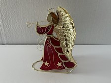 Vtg Candle Holder Stained Glass Christmas Angel Red Gold Holding Trumpet