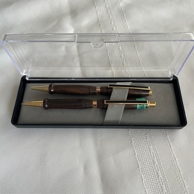 Zircote Wood Pen and Pencil Set with Case. Dard wood Gold and Black accents