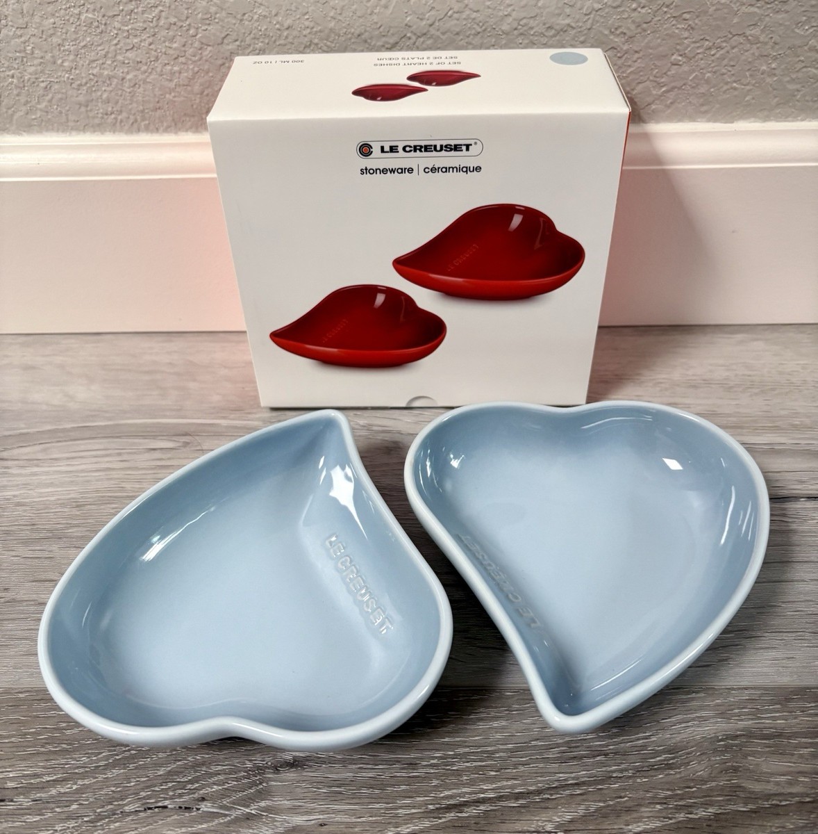Le Creuset SET of 2 Sphere HEART Petal Dishes COASTAL BLUE