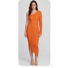 Boohoo Womens Orange One Shoulder Asymmetrical Knit Midi Dress Size 8 Long Slv