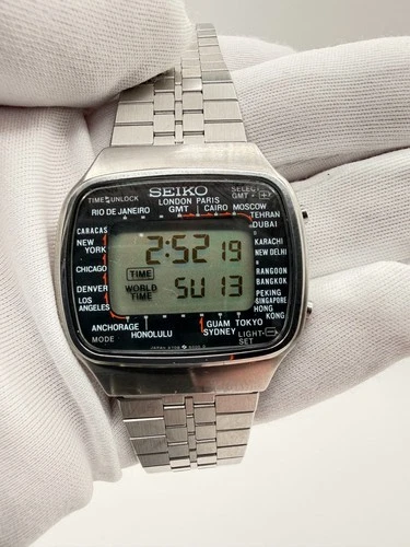 SEIKO A708-5000 Vintage World Time Digital Watch Black Dial Stainless AS-IS