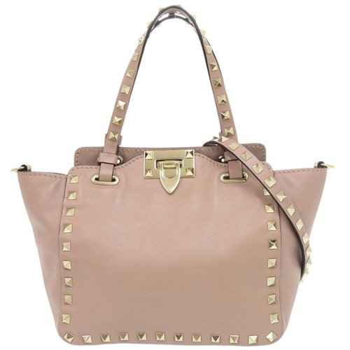 AUTHENTIC Valentino Garavani 2WAY Rock studs Hand Bag Pink Beige Leather
