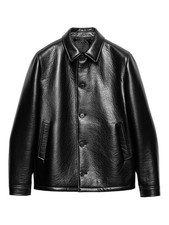 Men  s Black Genuine Leather Jacket Classic Button Front Shirt Collar Coat