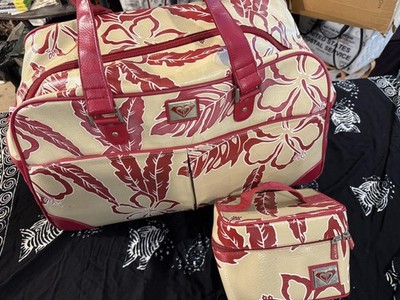 Roxy 2 Piece Rolling Duffel Suitcase Set Red Cream Hibiscus Floral Carry On Bag
