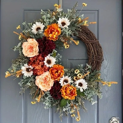 Herbstkranz zum Erntedankfest mit Pfingstrose Sonnenblume und Kürbis Herbstdeko - Bild 1 von 4