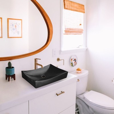 26'' Black Rectangle Bathroom Vessel Sink Above Counter Porcelain Pop up Drain