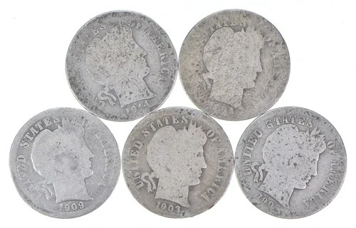 Better Lot 5 1914-S 1909-O 1903-O 1906-S WORNED DATE Barber Dime 0.50 Face *236