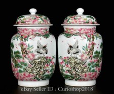 8.6" Qing Yongzheng Marked Enamel Colour Porcelain Pine Crane Pot Jar Crock Pair