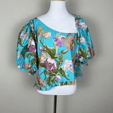 Anthropologie Love The Label Top Womens XL Blue Floral Puff Sleeve Asymmetrical