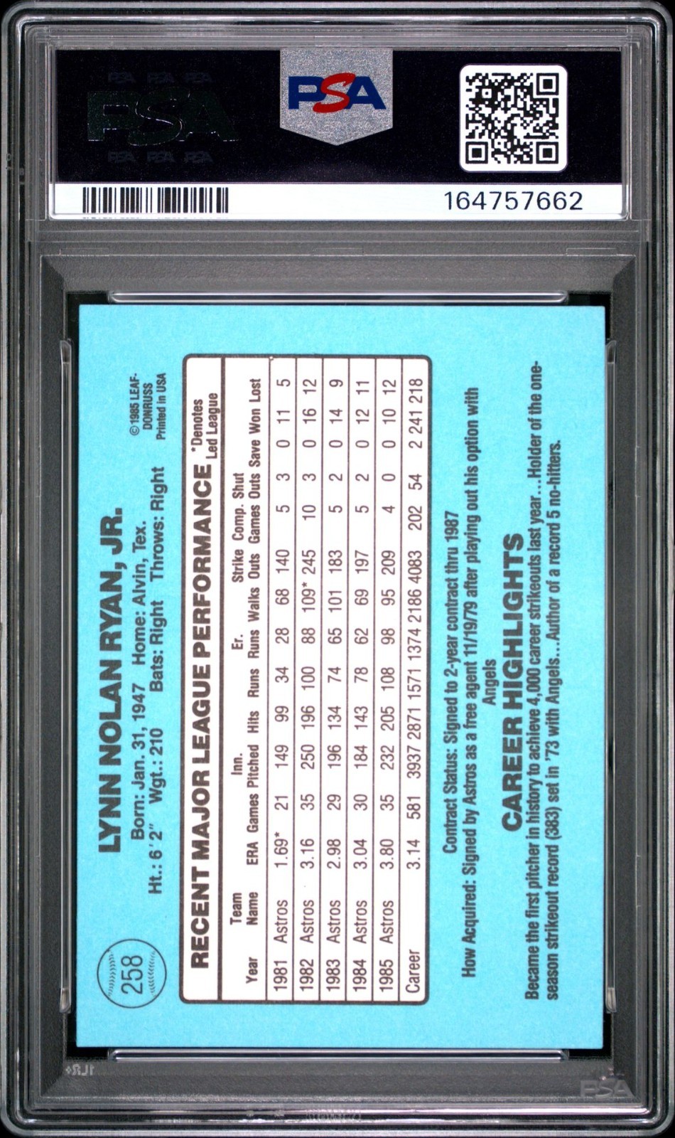 PSA 9 mint  1986 DONRUSS #258 NOLAN RYAN  HOF rangers Mets legend view 2