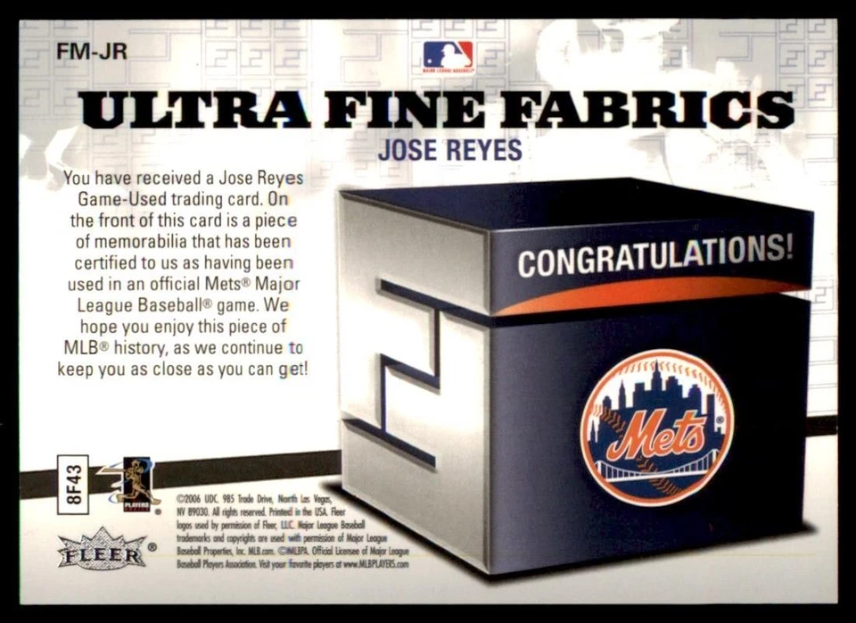 2006 Fleer Ultra - Fine Fabrics Jose Reyes #FM-JR (MEM) - Image 2 of 2
