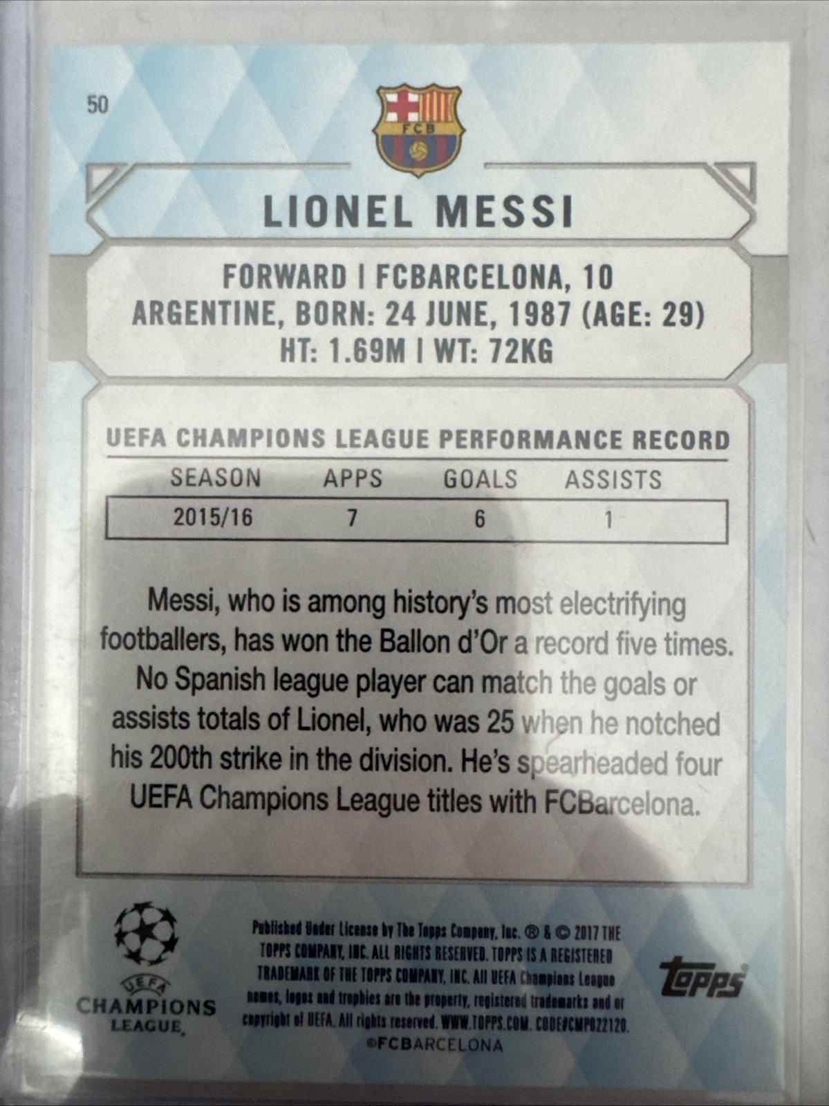 2016-17 Topps UEFA Champions League Showcase - Lionel Messi #50 view 4