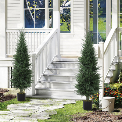 Künstliche Zypresse Baum Set grün PP Zement 120x40cm Doppel Pflanzgefäße gewichtete Töpfe