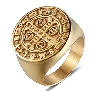 Authentic Gold Plated St. Benedict Exorcism Ring Hypoallergenic, Size 11