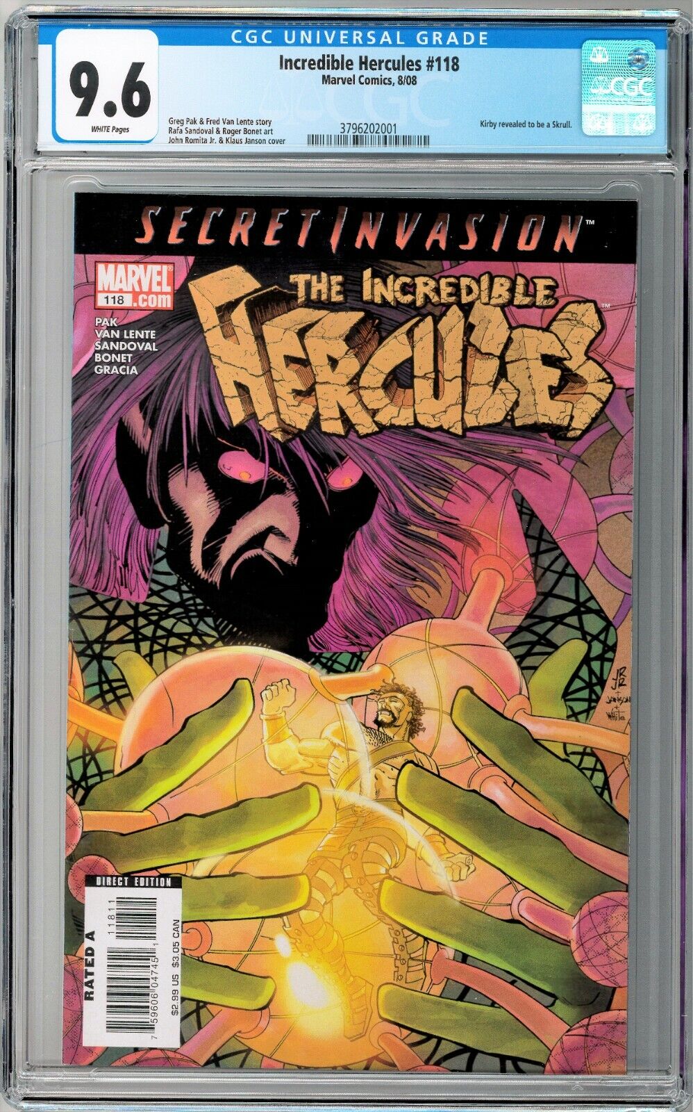 Incredible Hercules #118 CGC 9.6 (Aug 2008, Marvel) JRJ Cover, Secret Invasion