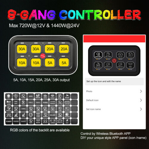 Wireless Bluetooth 8 Gang Switch Panel RGB Circuit Control System LED Light Bar - Picture 4 of 12