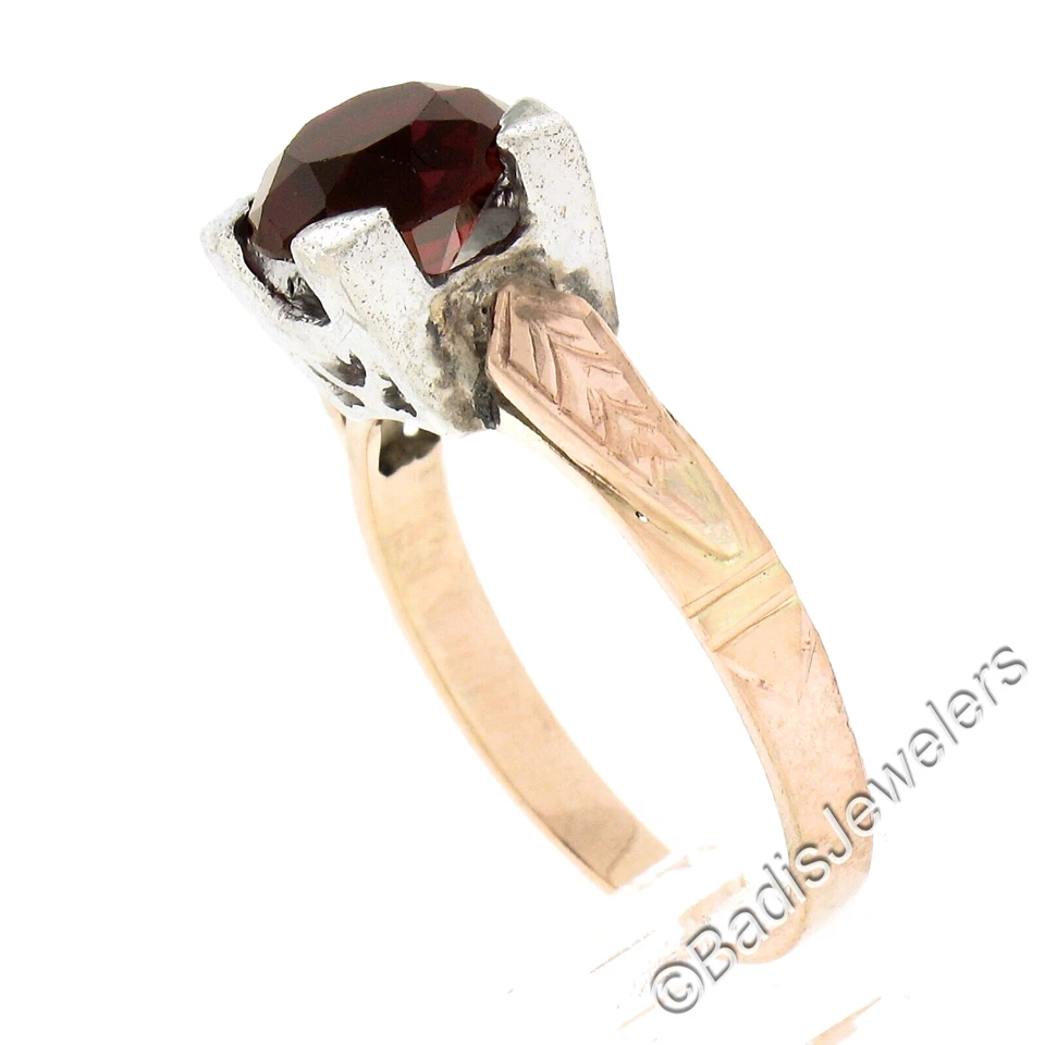 Antique 10K TT Gold 8mm Round Lab Created Ruby Solitaire w/ Engraved Sides Ring - Image 2 of 4