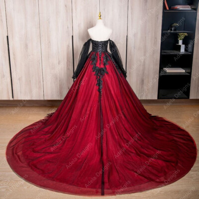 Black+Red Floral Lace Gothic Wedding Dresses With Detachable Long Sleeves |  eBay
