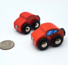 BRIO Wooden Lot x2 Small Red Cars Automobiles - Works w/ Thomas Train Railway