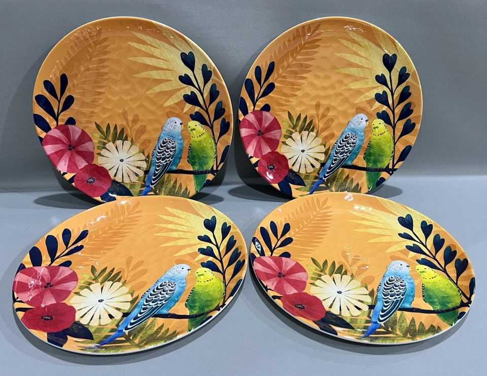 Pier 1 Imports Tropical Floral Bird Parakeet Melamine DINNER PLATES-Set of 4-NEW - Image 2 of 4