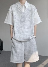 Men's Youth Short Sleeve Loose Lapel shirt Tops Short Pants Summer Casual 2pcs