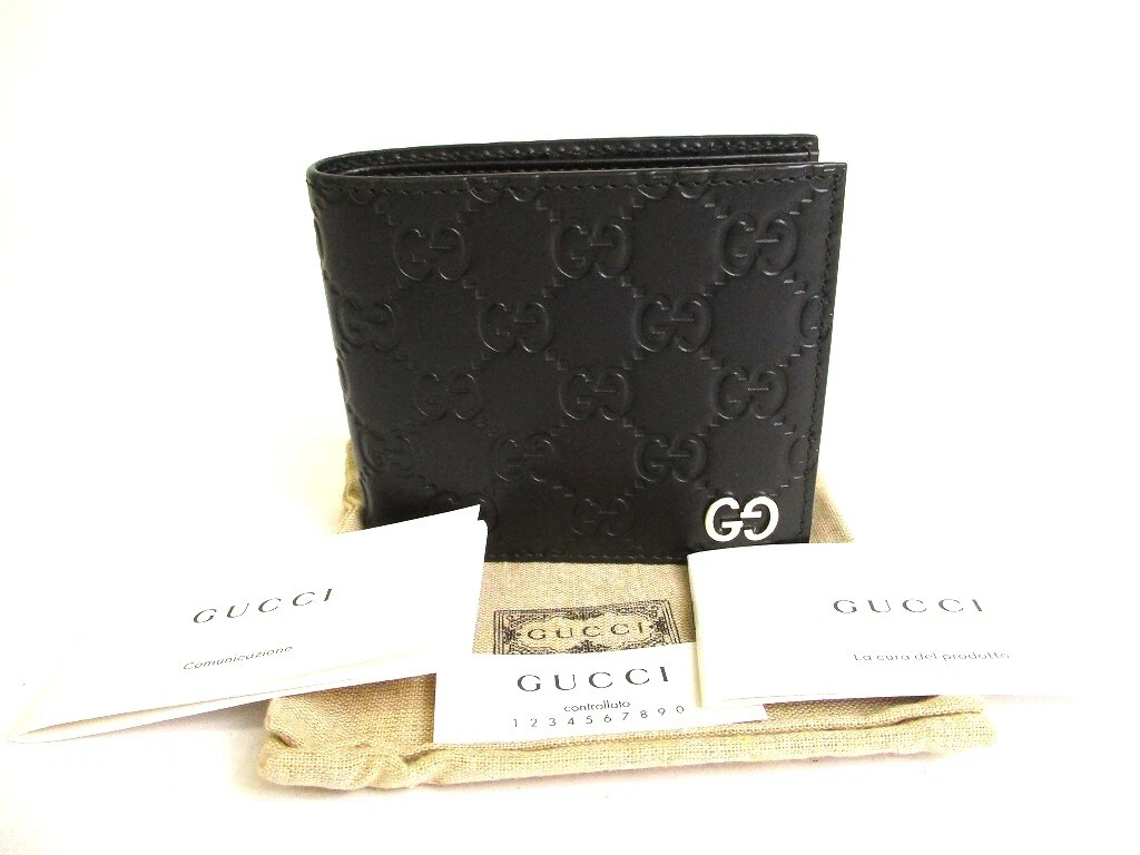 Auth GUCCI GG Metal Guccissima Black Signature Leather Bifold Wallet 9707