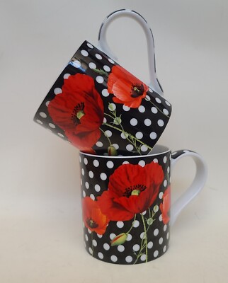 KONITZ Madame Petite Polka Dots Mugs (2) Red Poppies Floral Rare Germany Könitz