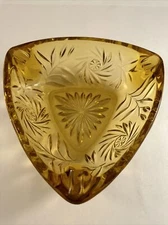 Vtg Hazel Atlas Triangle Ashtray Amber Glass Starburst Dish Pinwheel MCM 6.75”