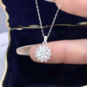 Authentic Round Fancy 18" Sun Flower Pendant 14K White Gold Plated Simulated Diamond