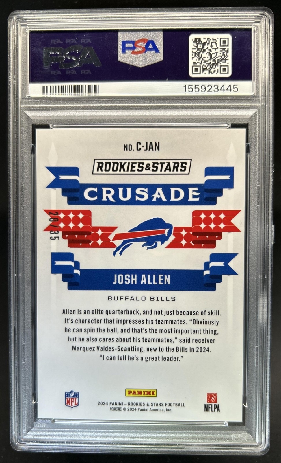 2024 Panini Rookies & Stars Josh Allen Crusade Purple #/35 Bills PSA 10 GEM MINT view 2