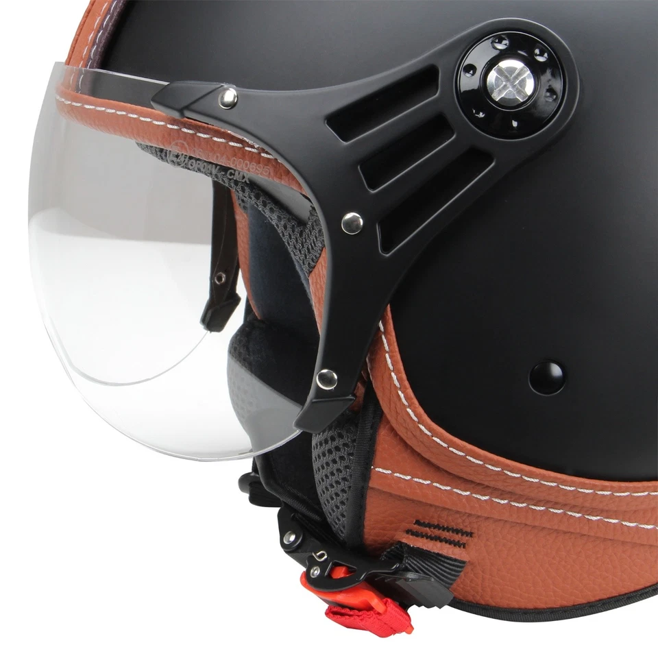 Motorradhelm Jethelm Rollerhelm CMX "Hazel" matt schwarz mit Leder braun S - XL - Bild 4 von 4
