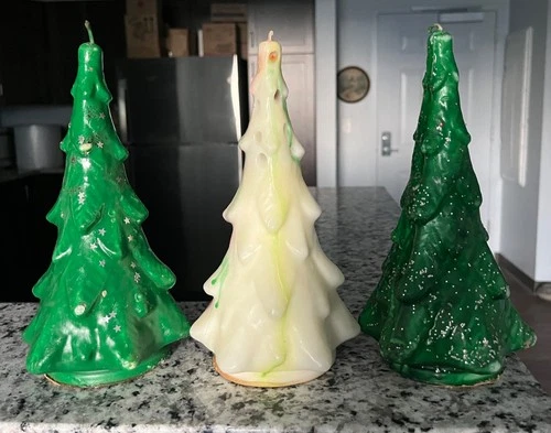 Vtg Gurley 3 Large GREEN/WHITE Christmas Glitter TREE CANDLES 8.5" X 4.25" - product listing photo