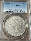 1878 8TF Morgan Silver Dollar PCGS AU50 — First-Year 8 Tail Feathers —90% Silver