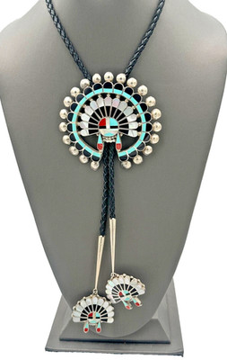 Beautiful Zuni Native American Sunface Sterling Silver Mosaic Inlay Bolo Tie