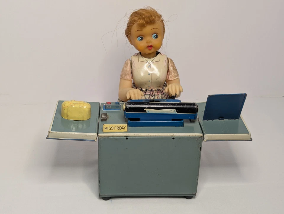 Juguete de hojalata vintage Linemar Miss Friday The Typist retro a batería Japón Foto 3 de 4
