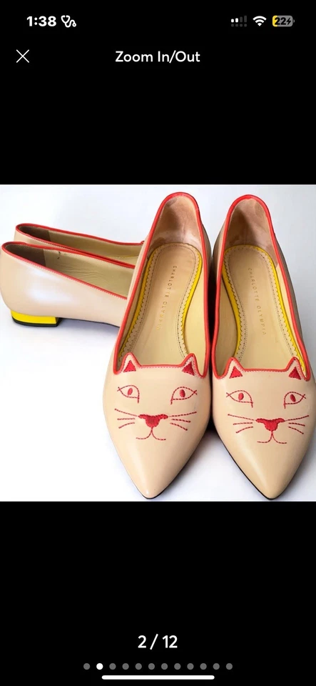 Charlotte Olympia Kitty Cat Loafers Flats Nude Leather Red Trim Yellow Heel 39.5 - Image 3 of 4