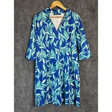 Katherine Way Dress Women L Blue Green Leaf Tropical Vacation Casual Resort