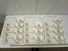 12 Vintage Floral Yellow Placemats 11 Napkins Linen? Cotton? 70's Vibe Scallop
