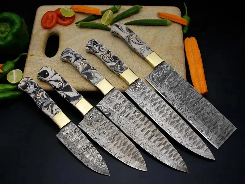Damascus Steel Kitchen Knife Set – 5 Pc Chef & Cooking Knives