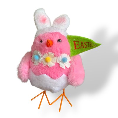 Pink Easter Bunny Bird Figure Collectible Spring Decor Felt Cloth