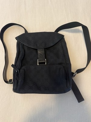 Gucci GG Pattern Black Backpack w/ Front Zip Pocket Buckle & Silver Hardware