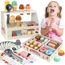 Ice Cream Toy, 46 PCS Wooden Pretend Play Set for Kids, Food Counter Shop Pla...