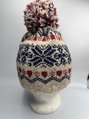 Vintage Knit Hat Bobble Unisex One Size Beige Fair Isle Wool Lined Pom Pom
