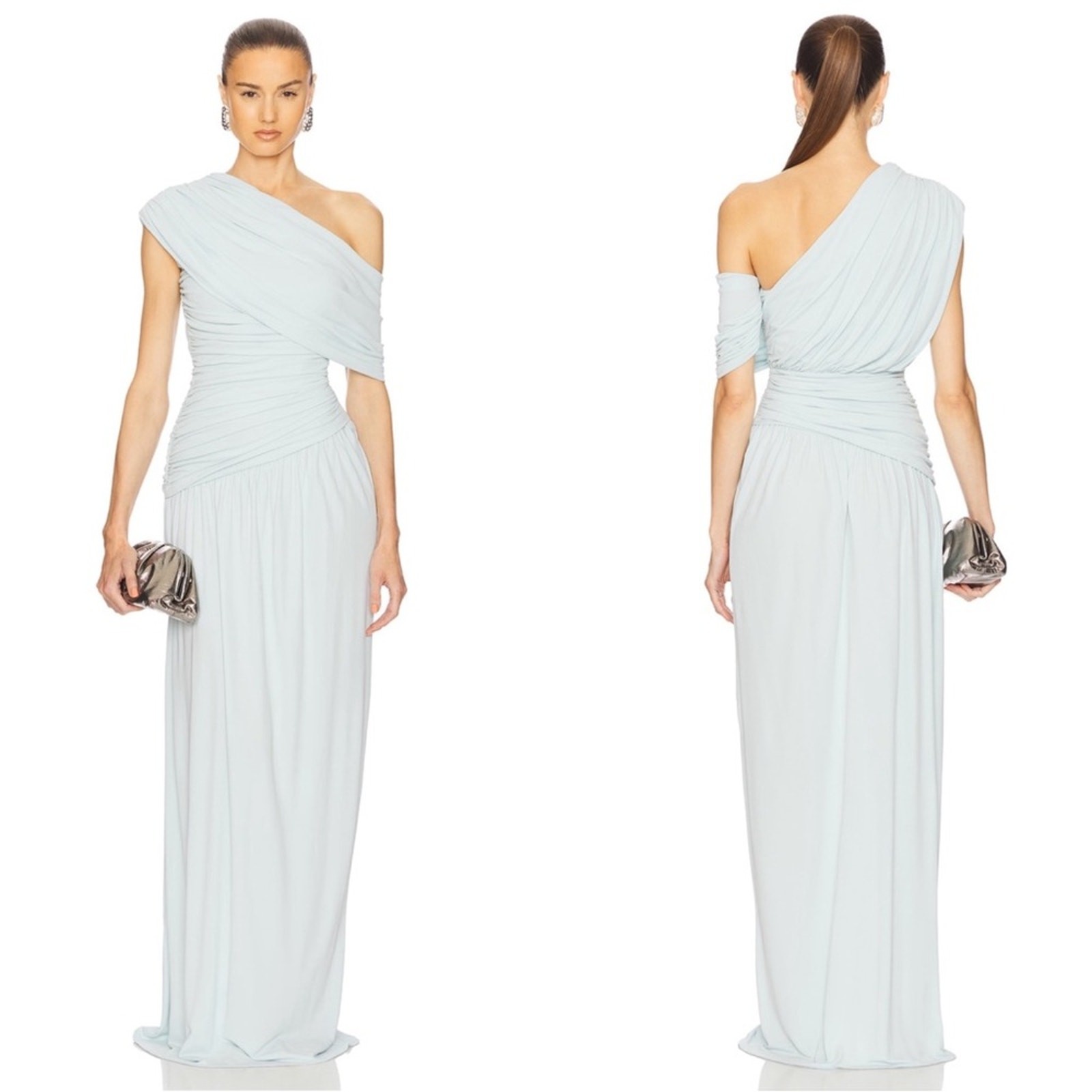 HELSA Apollo One Shoulder Ruched Draped Jersey Powder Blue Maxi Dress Size M