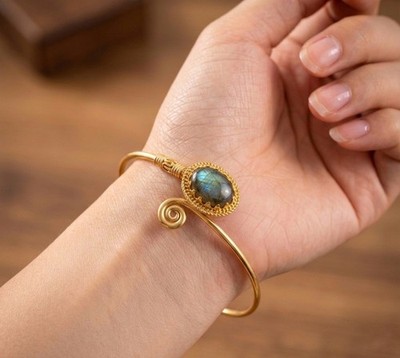 18K Gold Plated Labradorite Gemstone Open Adjustable Minimalist Cuff Bracelet