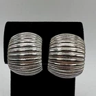 Givenchy Ribbed Silver Tone Half Hoop Clip on Earrings Vintage Costume Jewelry