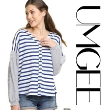 SML UMGEE ROYAL striped contrast Fabric V-Neck Scoop Hem Shirt/Blouse/Top BHCS