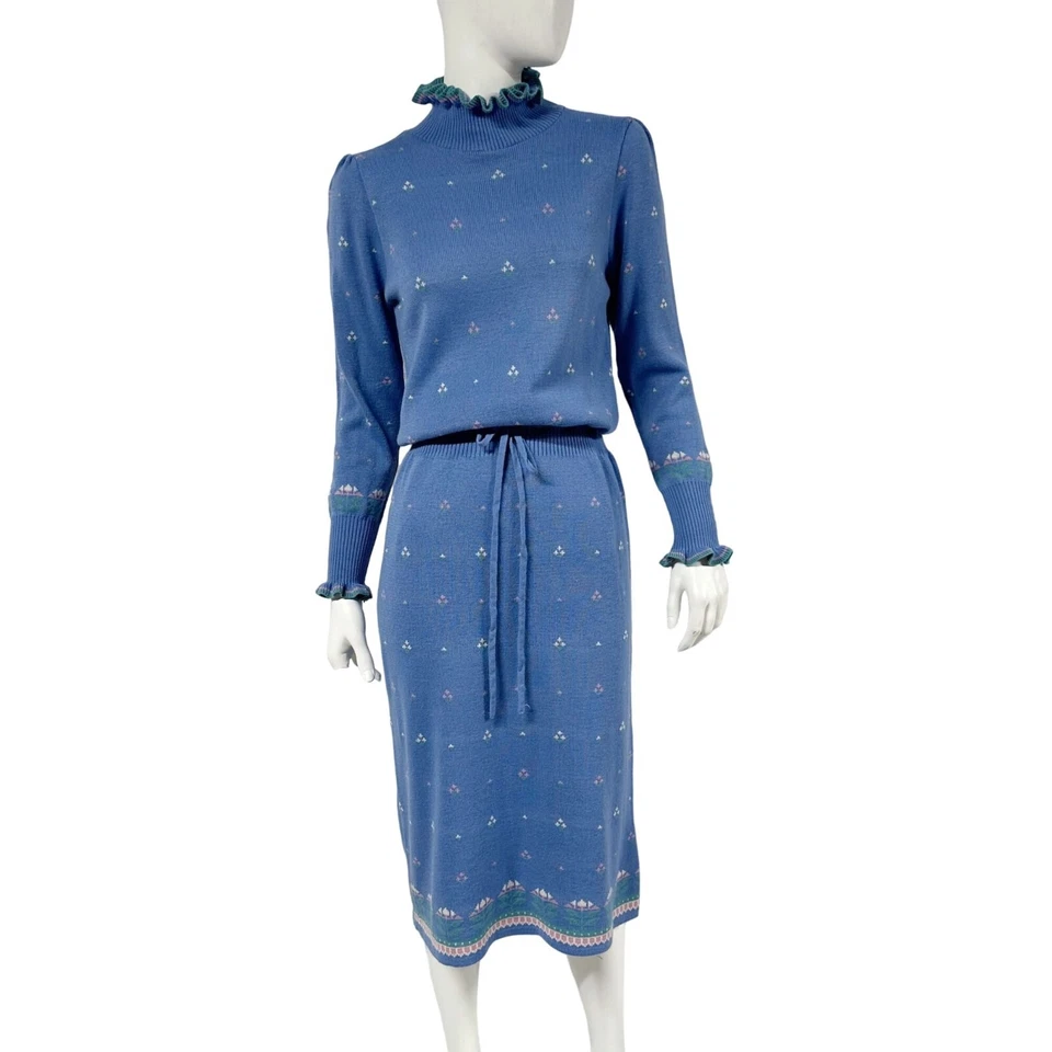 Womens Vintage Clothkits Knitwear Blue Knit Sweater Dress Fairy Kei 1980s - Imagem 2 de 4